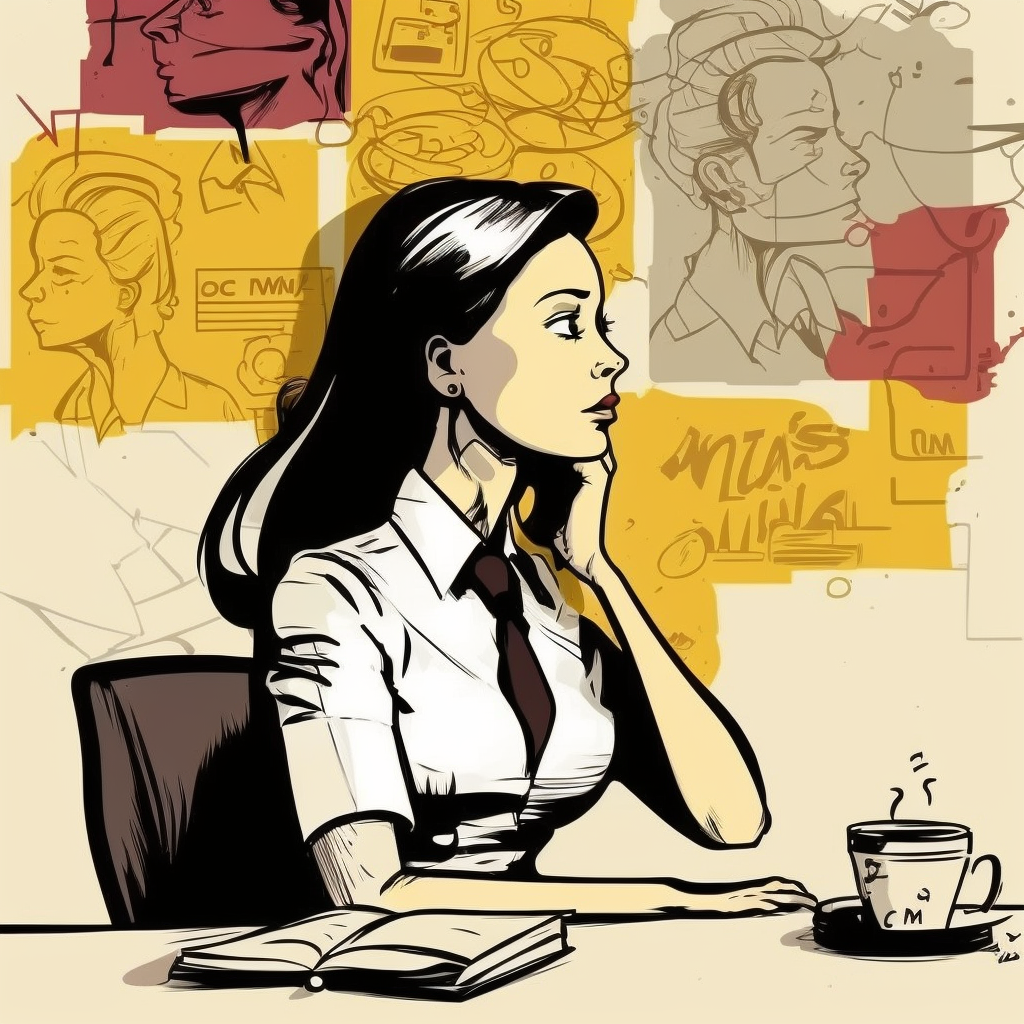 Geschäftsfrau im Comic Stil, die an einem Schreibtisch bei einer Tasse Kaffee über ihre Strategie nachdenkt.