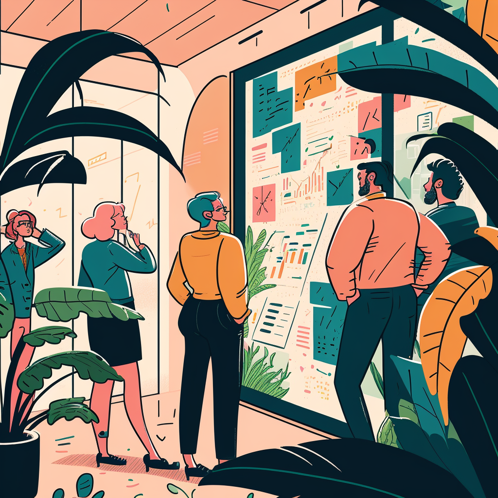 Ein Bild eines Startup-Teams, das seine Strategie und Ziele anpasst; sie befinden sich in einer modernen Büroumgebung, umgeben von vielen Fenstern und Pflanzen; im Hintergrund sind Flipcharts und Wände mit Post-its zu sehen; das Bild soll verdeutlichen, wie wichtig es ist, die Strategie anzupassen; Comic-Stil; Pastellfarben