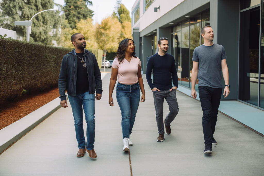 diverse start-up founders team leaving the buidling of an accelerator program in silicon valley; realistic --v 5 --ar 3:2