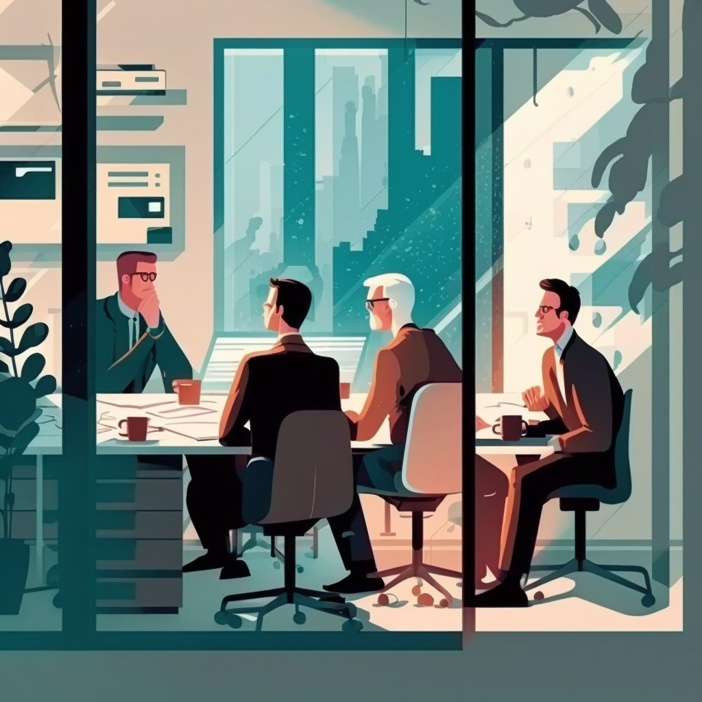 Vier Männer treffen sich in einem Büro, Comic Stil.